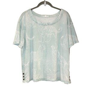 Jane & Delancey Top Tiger Print Boxy T-Shirt Cats Button Side Light Blue White M